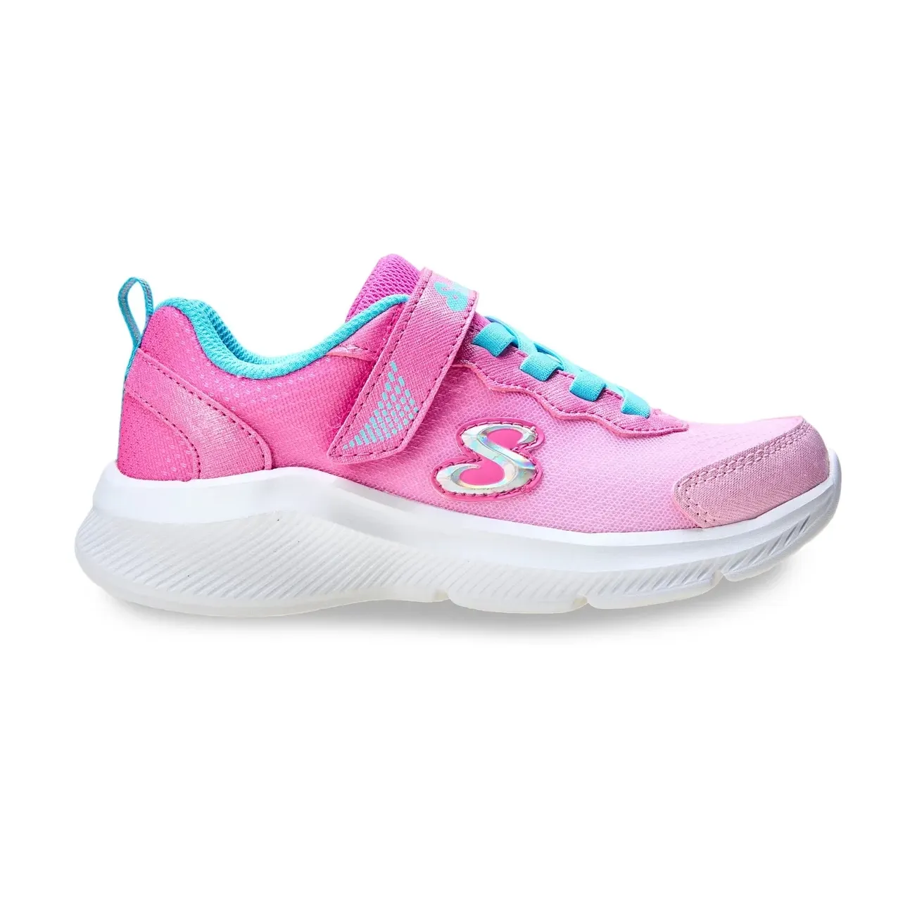 Tênis casual feminino Skechers Sole Swifters rosa com detalhes azul claro, material mesh e sintético, solado branco em EVA